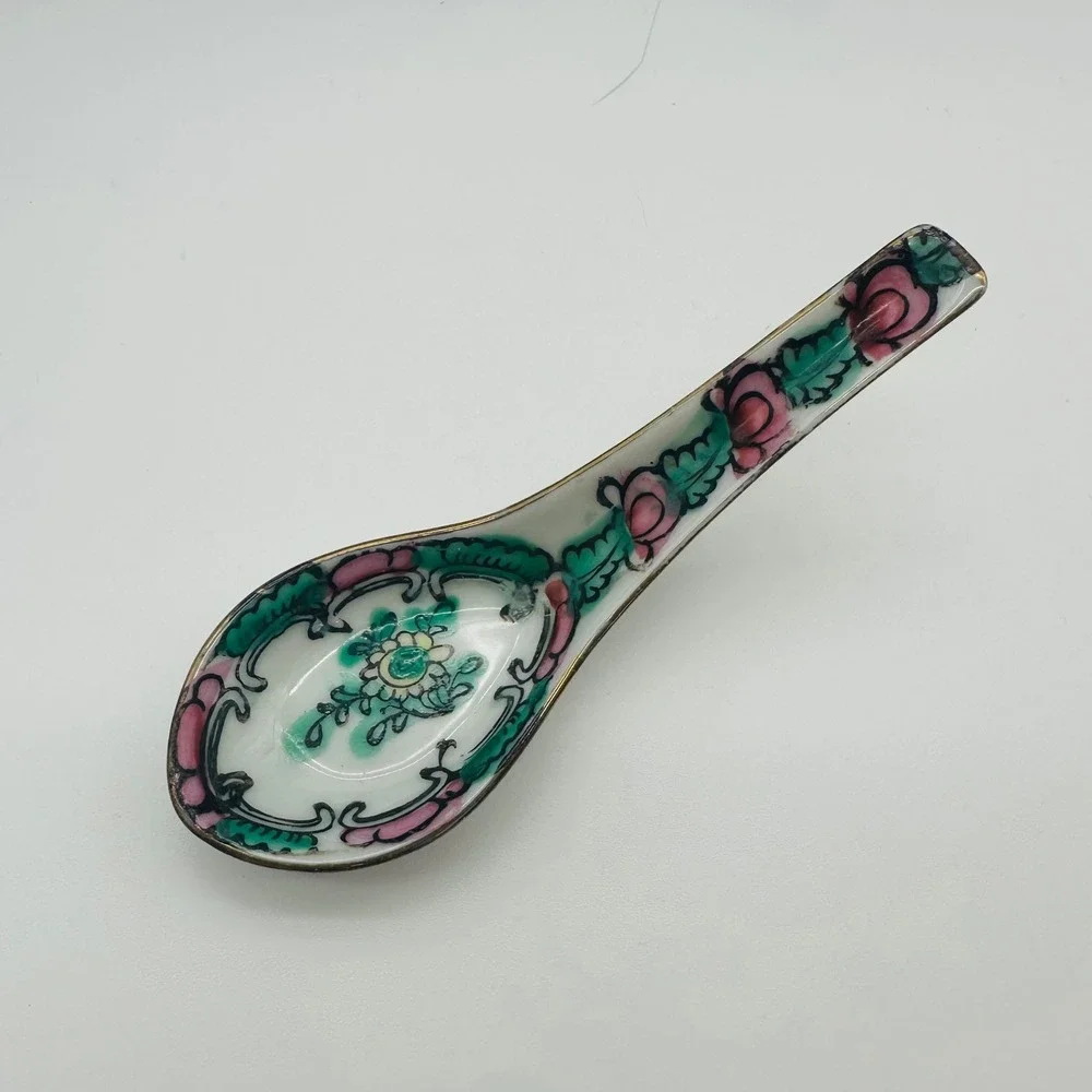 Vintage Famille Rose Medallion Porcelain Small Soup Spoon Hand Painted 4